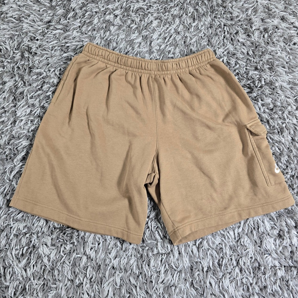 Nike Mens XL Tan Khaki Fleece Cargo Shorts Sportswear Elastic Waist Relaxed Fit
